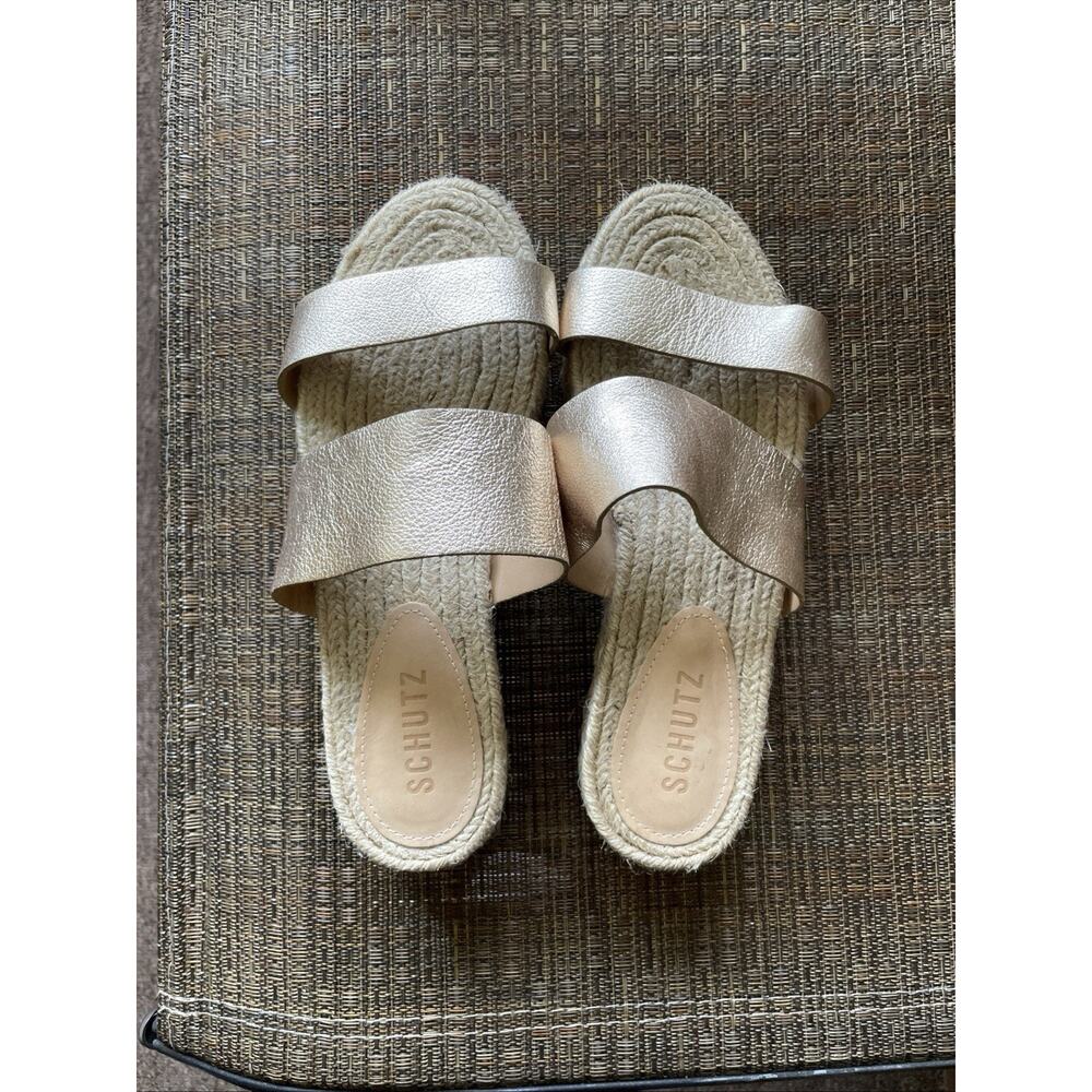 Schutz Gold Metallic Espadrille Slide Sandals Platform Womens 6.5B